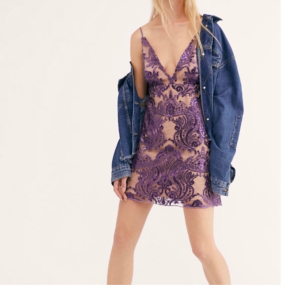 Free People Night Shimmers Dress Purple Sequins Lace Sparkles sz 2 Party FP